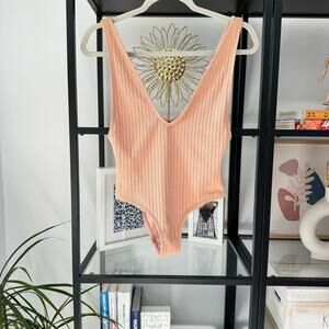 Static Swimwear Vermont Neutral Nude Ribbed Knit V-Neck One Piece Swimsuit XS